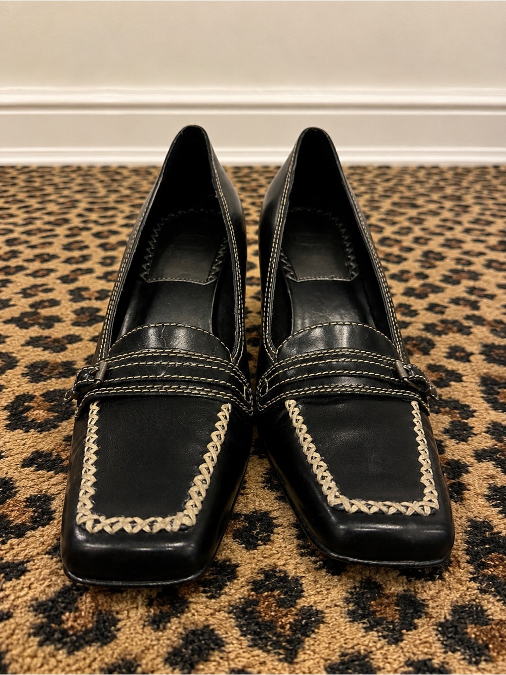 Pristine 90’s, Y2K Leather Women's Slip-On Loafers with Cream Contrast Stitching